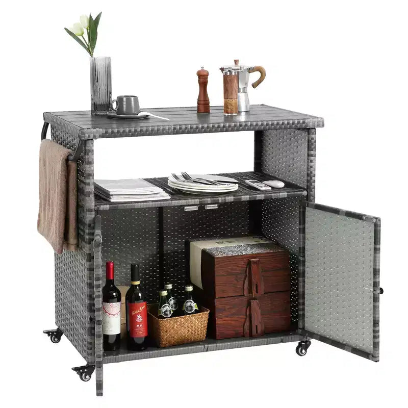 NAYSAYE Carrello Bar da Esterno in Vimini con Piano in Vetro per Patio, Grigio, 35.2*20.6*34.2
