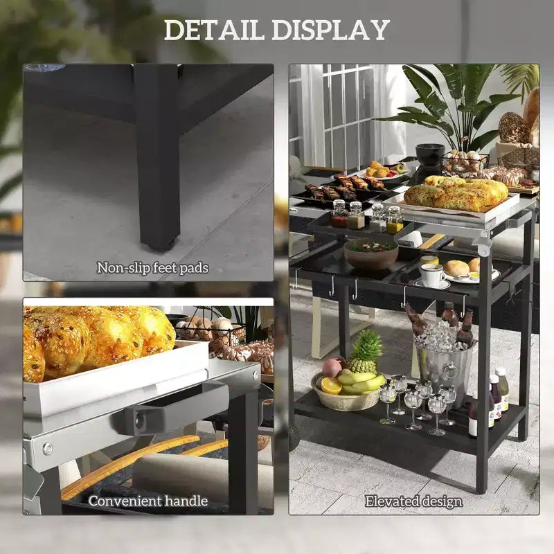 Carrello da bar NAYSAYE, isola per cucina da esterno con piano in acciaio inossidabile e vano portaoggetti per patio, nero, 48*24.4*33.1