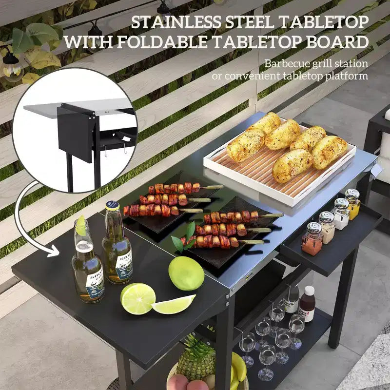 Carrello da bar NAYSAYE, isola per cucina da esterno con piano in acciaio inossidabile e vano portaoggetti per patio, nero, 48*24.4*33.1