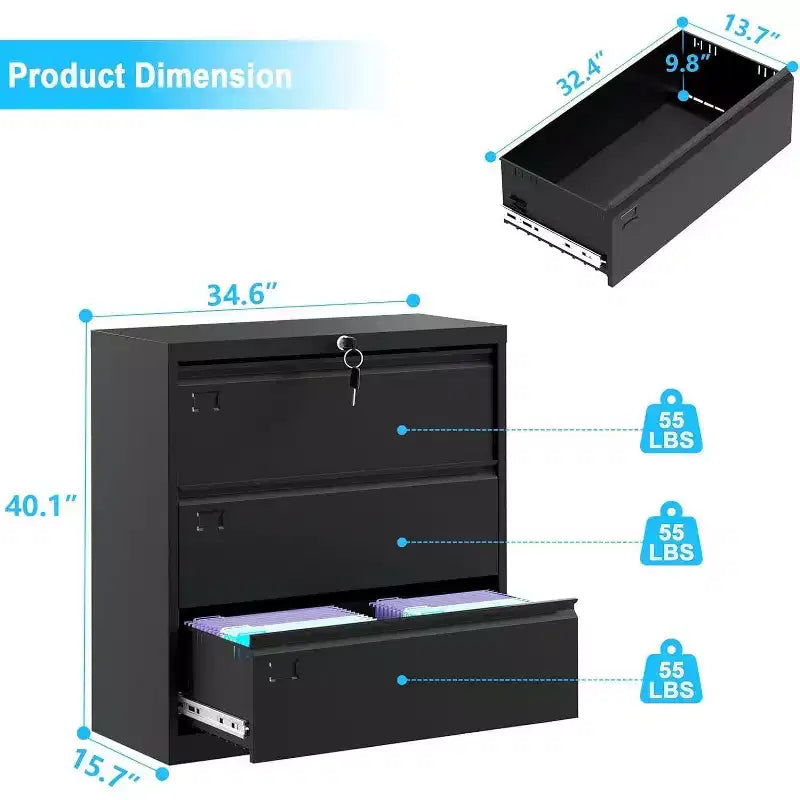 Acekool Cassettiera Laterale a 3 Cassetti con Serratura, Organizzatore per Archiviazione in Metallo per Documenti Formato Lettera/Legale/A4, Armadietto per Ufficio Salvaspazio Nero