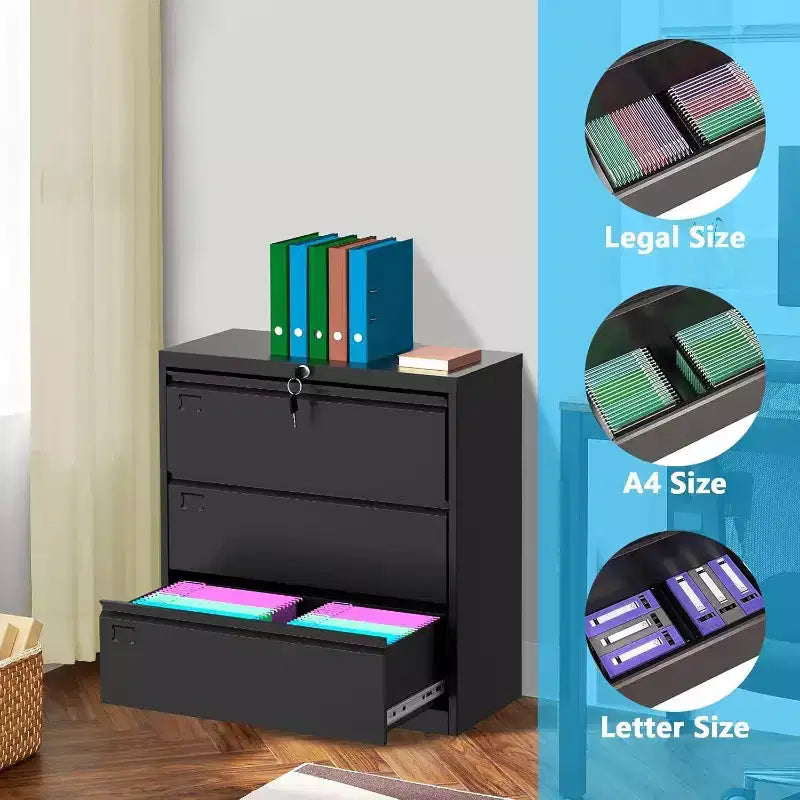 Acekool Cassettiera Laterale a 3 Cassetti con Serratura, Organizzatore per Archiviazione in Metallo per Documenti Formato Lettera/Legale/A4, Armadietto per Ufficio Salvaspazio Nero