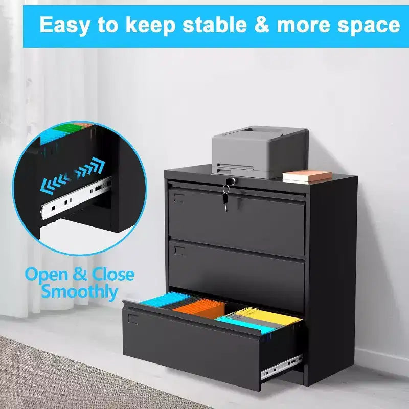 Acekool Cassettiera Laterale a 3 Cassetti con Serratura, Organizzatore per Archiviazione in Metallo per Documenti Formato Lettera/Legale/A4, Armadietto per Ufficio Salvaspazio Nero