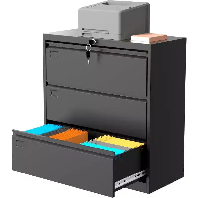 Acekool Cassettiera Laterale a 3 Cassetti con Serratura, Organizzatore per Archiviazione in Metallo per Documenti Formato Lettera/Legale/A4, Armadietto per Ufficio Salvaspazio Nero