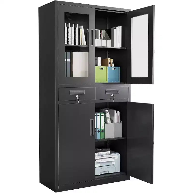 Armadietto portaoggetti in acciaio nero con ante in vetro, 1 persona, 2 cassetti