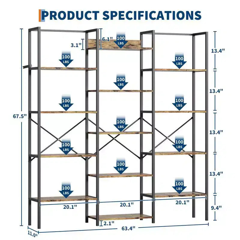 Coolmee Scaffale Industriale a Tre Colonne a 5 Ripiani, Libreria con 14 Ripiani Espositivi, Libreria Ampia e Moderna per Soggiorno, Casa