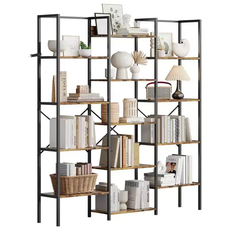 Coolmee Scaffale Industriale a Tre Colonne a 5 Ripiani, Libreria con 14 Ripiani Espositivi, Libreria Ampia e Moderna per Soggiorno, Casa