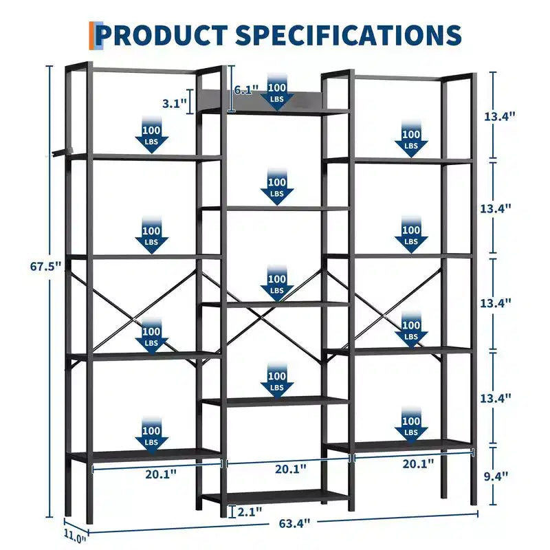 Coolmee Scaffale Industriale a Tre Colonne a 5 Ripiani, Libreria con 14 Ripiani Espositivi, Libreria Ampia e Moderna per Soggiorno, Casa