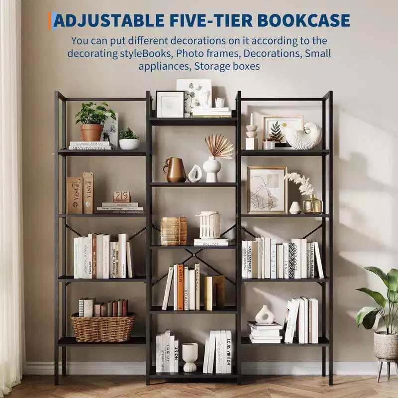 Coolmee Scaffale Industriale a Tre Colonne a 5 Ripiani, Libreria con 14 Ripiani Espositivi, Libreria Ampia e Moderna per Soggiorno, Casa