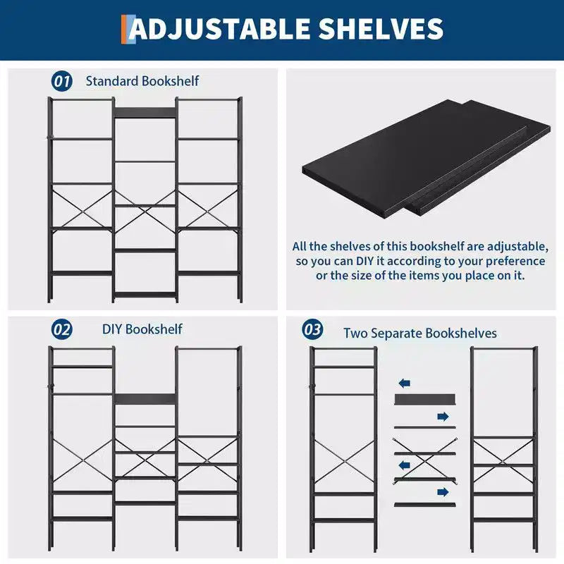 Coolmee Scaffale Industriale a Tre Colonne a 5 Ripiani, Libreria con 14 Ripiani Espositivi, Libreria Ampia e Moderna per Soggiorno, Casa