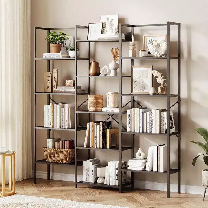 Coolmee Scaffale Industriale a Tre Colonne a 5 Ripiani, Libreria con 14 Ripiani Espositivi, Libreria Ampia e Moderna per Soggiorno, Casa