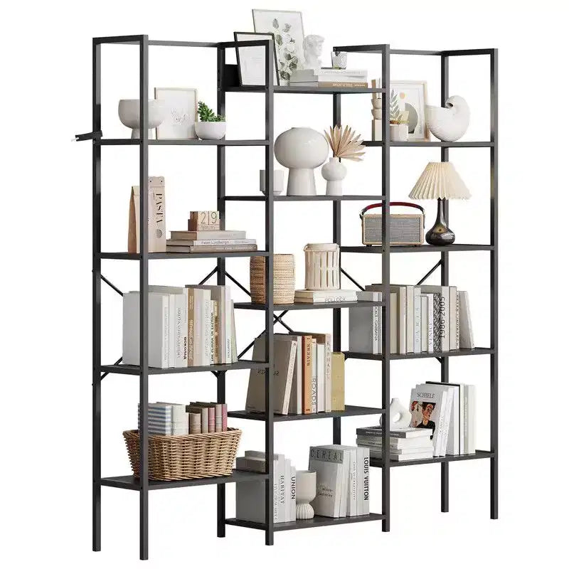 Coolmee Scaffale Industriale a Tre Colonne a 5 Ripiani, Libreria con 14 Ripiani Espositivi, Libreria Ampia e Moderna per Soggiorno, Casa