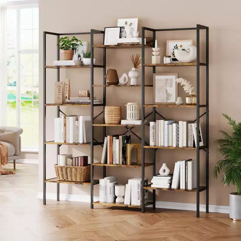 Coolmee Scaffale Industriale a Tre Colonne a 5 Ripiani, Libreria con 14 Ripiani Espositivi, Libreria Ampia e Moderna per Soggiorno, Casa