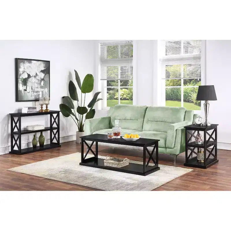 HomeStock Tavolino da Salotto Belmont con Ripiani Elegante Struttura a Doppia X Tavolino d'Appoggio a Tre Livelli per Arredamento Transizionale