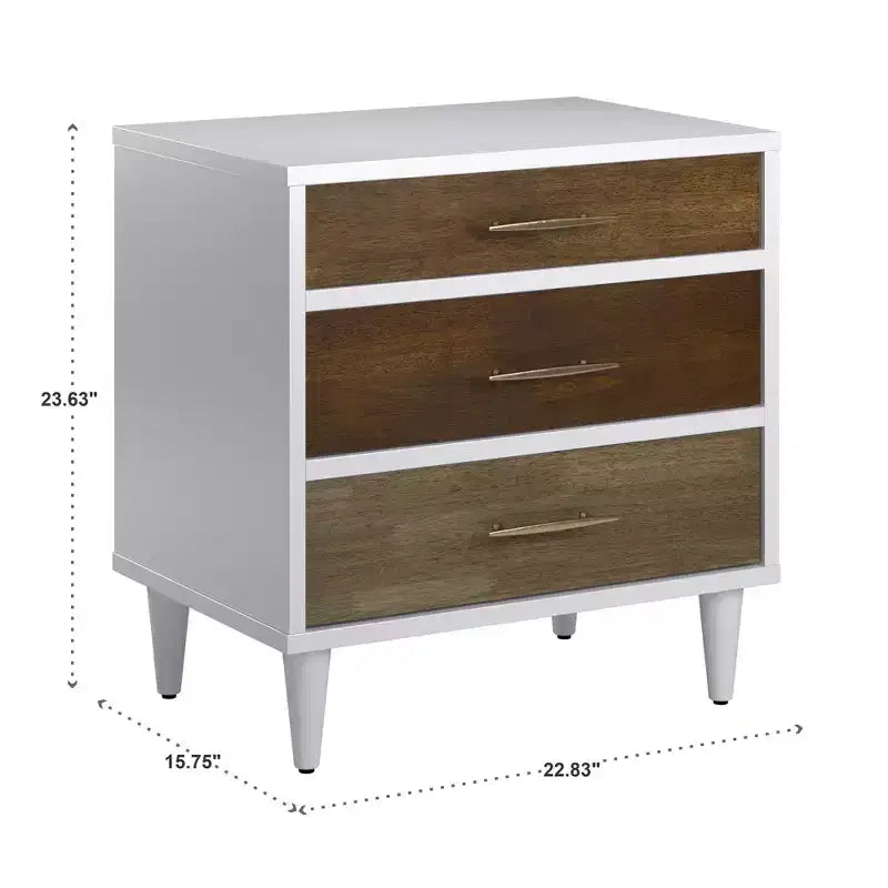 Comodino bianco a 3 cassetti in stile moderno di metà secolo, 1 persona
