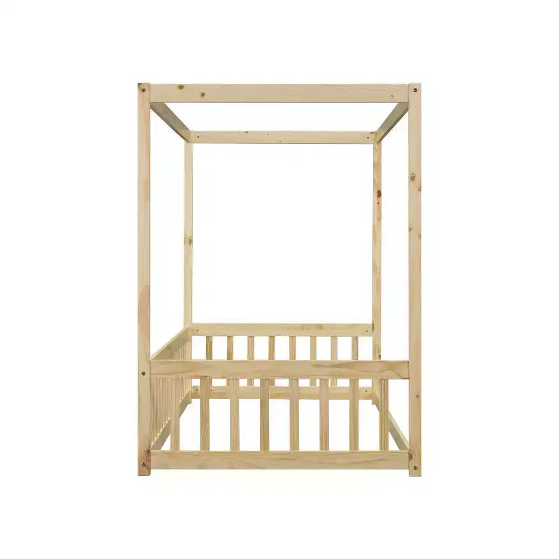Letto a pavimento a baldacchino singolo con sponda di protezione, naturale/bianco, 1 bambino