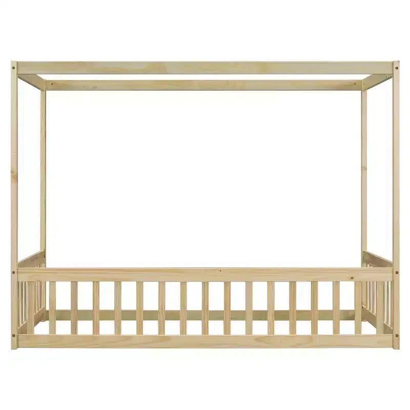 Letto a pavimento a baldacchino singolo con sponda di protezione, naturale/bianco, 1 bambino