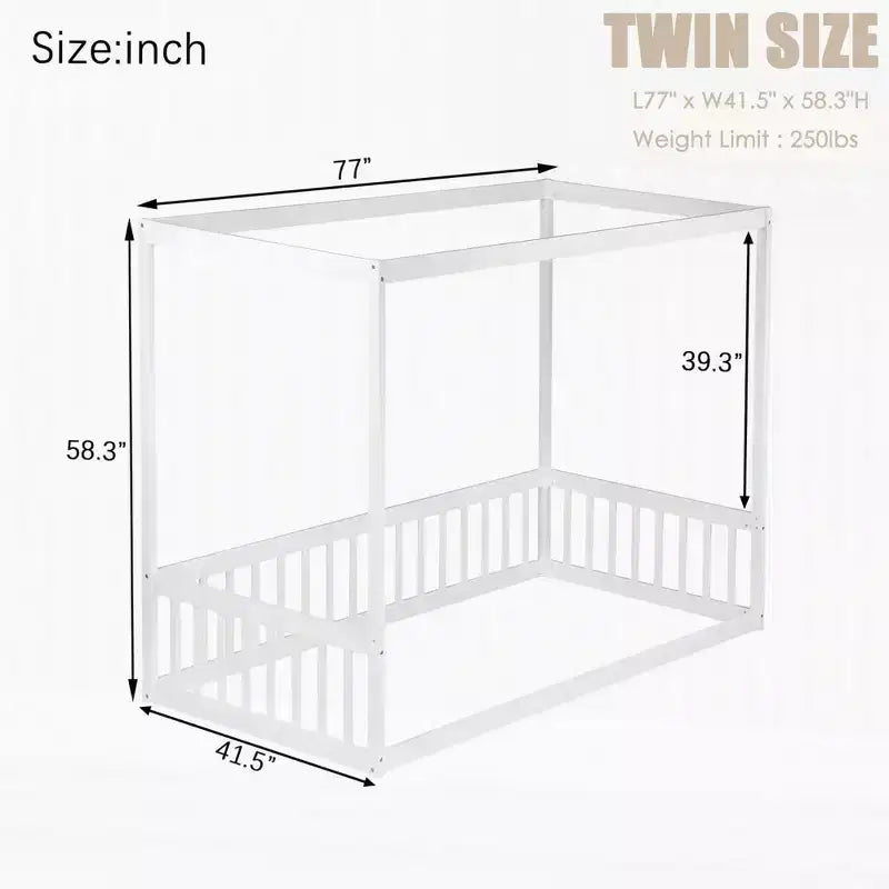 Letto a pavimento a baldacchino singolo con sponda di protezione, naturale/bianco, 1 bambino