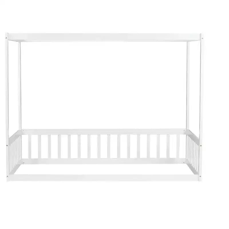 Letto a pavimento a baldacchino singolo con sponda di protezione, naturale/bianco, 1 bambino