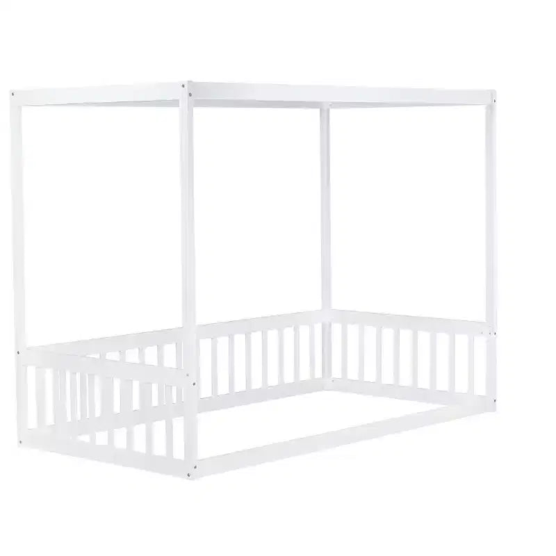 Letto a pavimento a baldacchino singolo con sponda di protezione, naturale/bianco, 1 bambino
