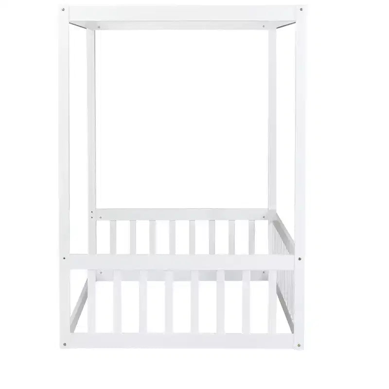 Letto a pavimento a baldacchino singolo con sponda di protezione, naturale/bianco, 1 bambino