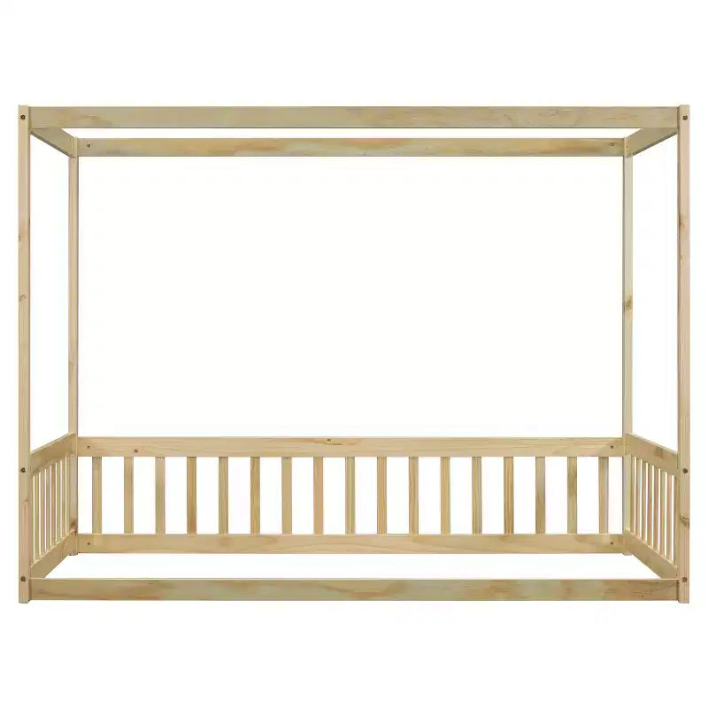 Letto a pavimento a baldacchino singolo con sponda di protezione, naturale/bianco, 1 bambino