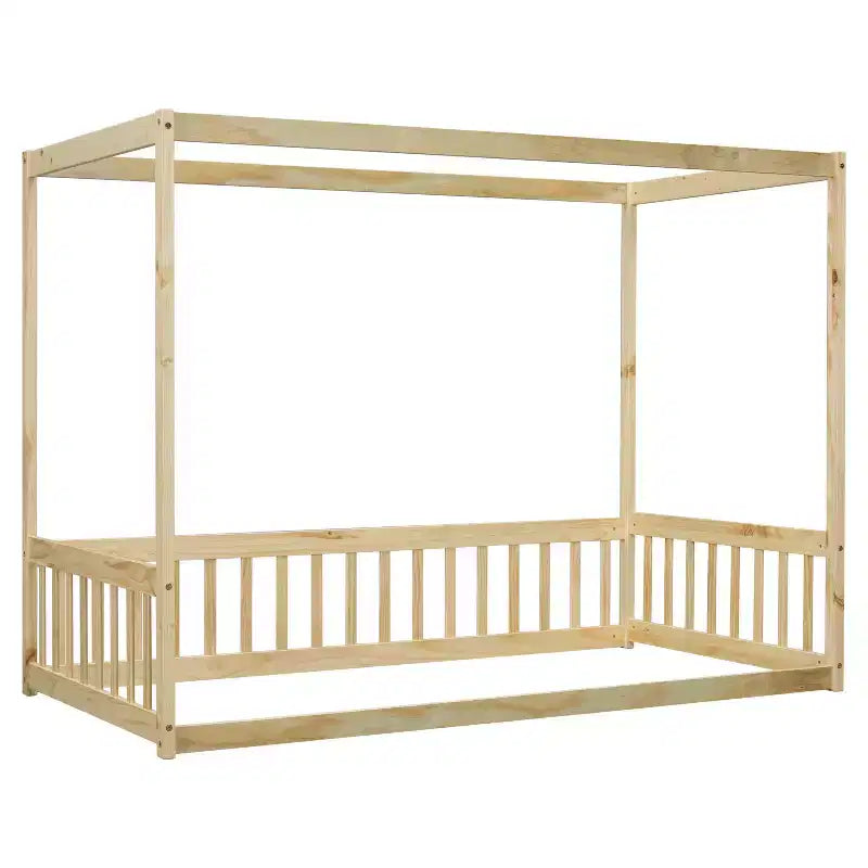 Letto a pavimento a baldacchino singolo con sponda di protezione, naturale/bianco, 1 bambino