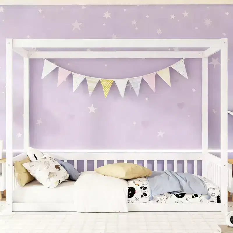 Letto a pavimento a baldacchino singolo con sponda di protezione, naturale/bianco, 1 bambino