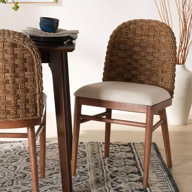 Sedia da pranzo Bali e Pari Denver in legno di acacia e giunco marino bianco/noce: stile bohémien, imbottitura in schiuma