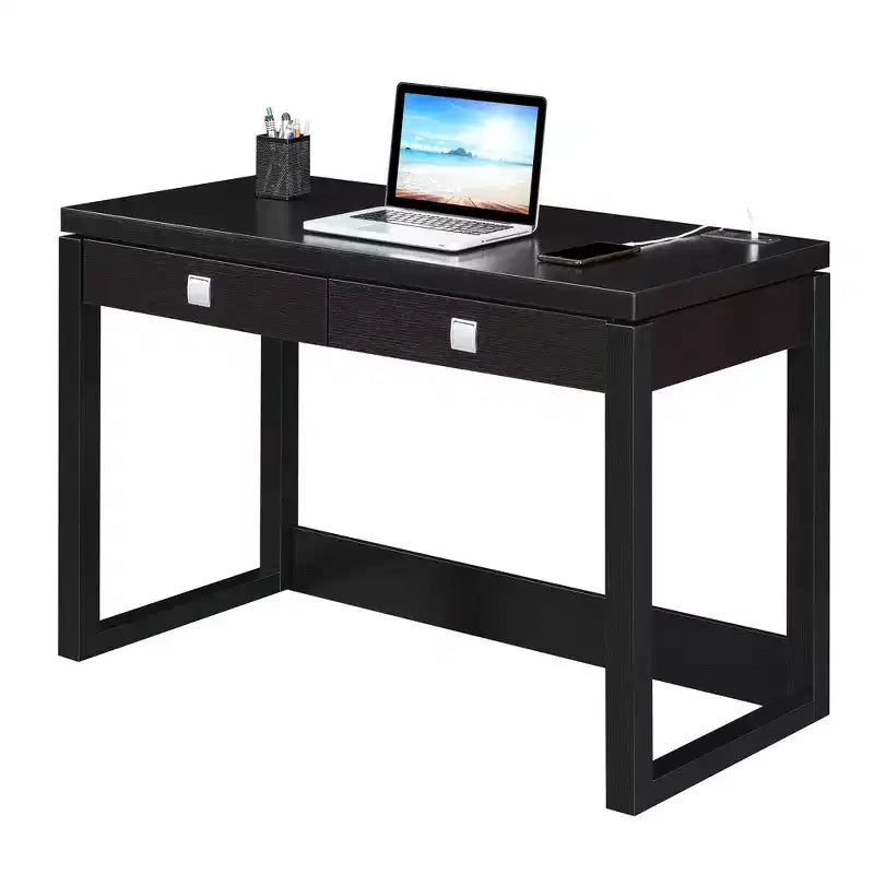 Scrivania Newport a 2 Cassetti con Stazione di Ricarica Espresso/Nero - Breighton Home: Postazione di Lavoro per Ufficio, Costruzione in MDF