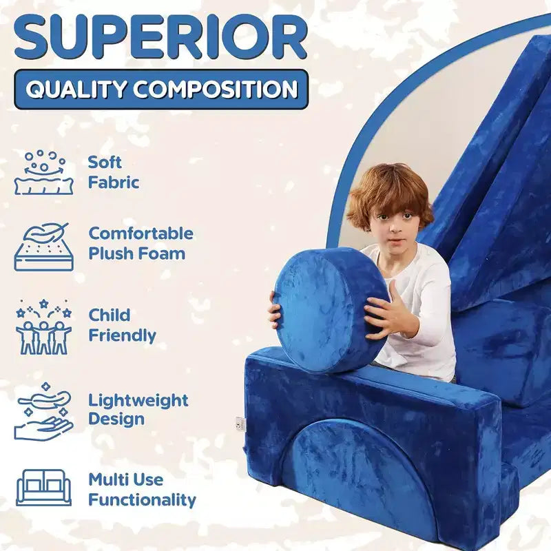 Divano gioco modulare per bambini, blu/grigio/rosa, set da 14 pezzi, sedute fino a 3 persone