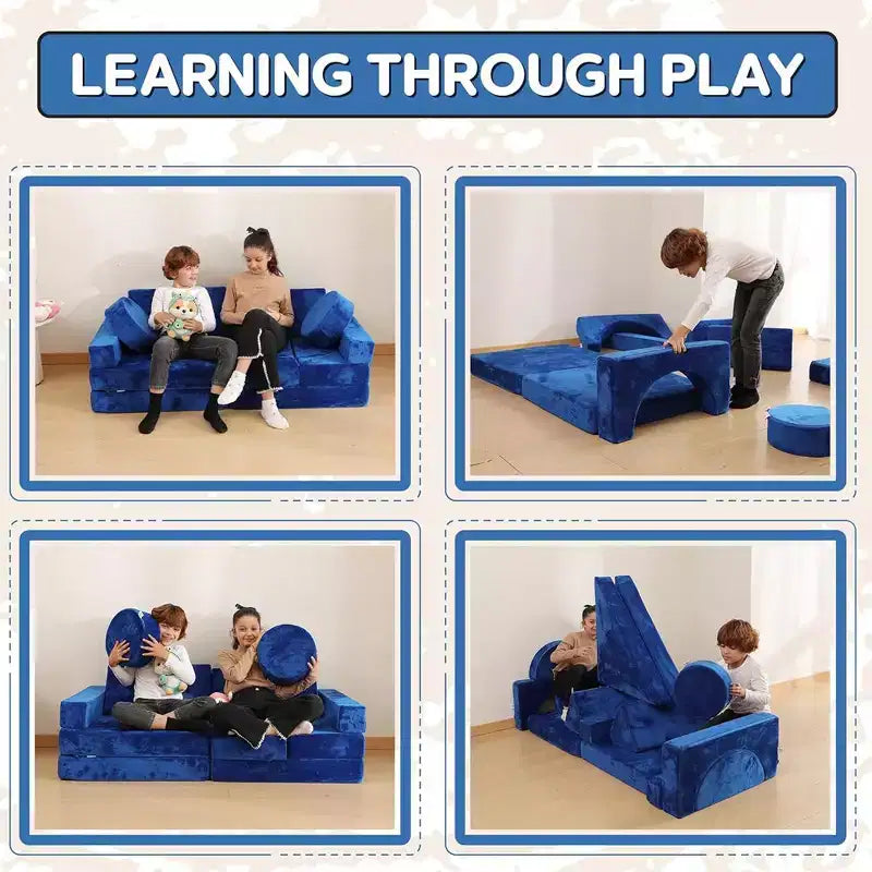 Divano gioco modulare per bambini, blu/grigio/rosa, set da 14 pezzi, sedute fino a 3 persone