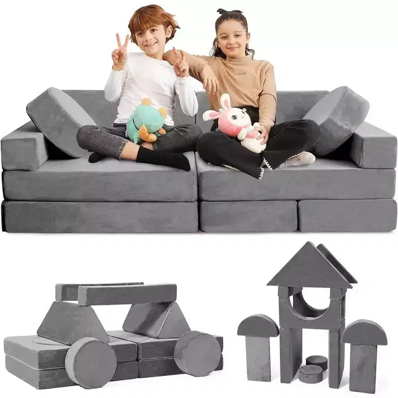 Divano gioco modulare per bambini, blu/grigio/rosa, set da 14 pezzi, sedute fino a 3 persone