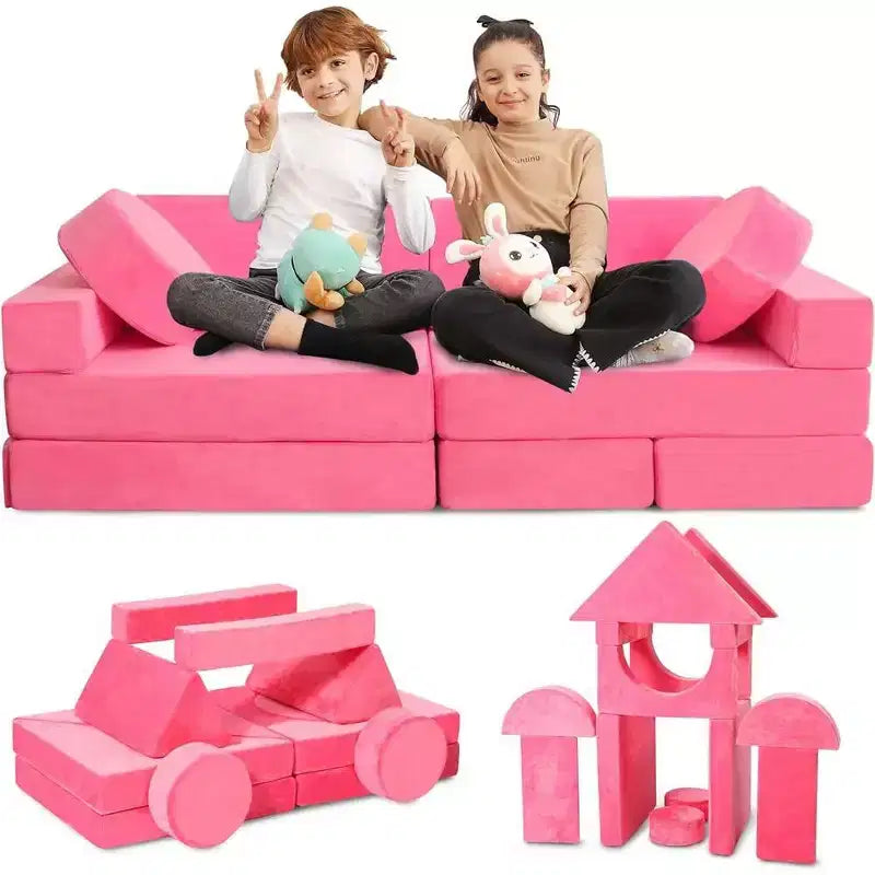 Divano gioco modulare per bambini, blu/grigio/rosa, set da 14 pezzi, sedute fino a 3 persone