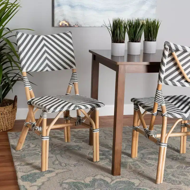 bali & pari Shai Modern French Grey and White Weaving and Natural Rattan Bistro Chair